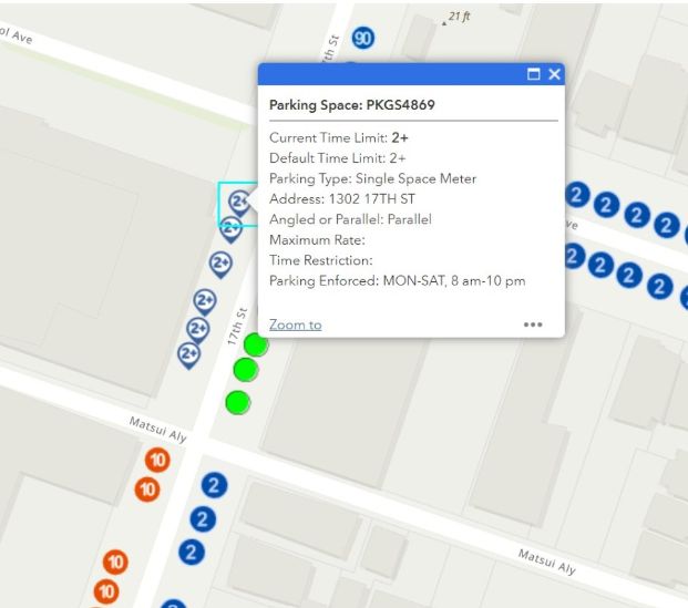 Image of online map of parking space locations, with a call out box showing specific details of the metered space