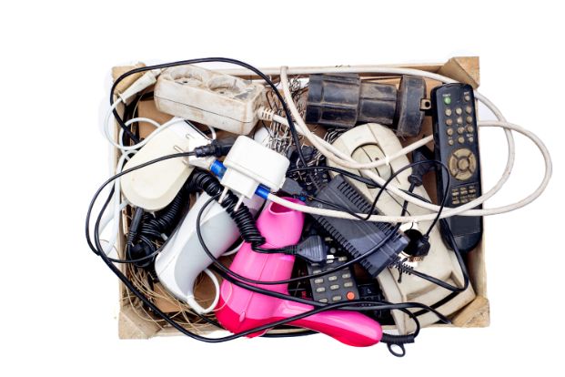 a pile of small appliances inlcuding old remotes and hair dryers