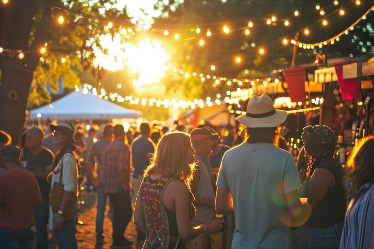 sunset at festival with people milling around