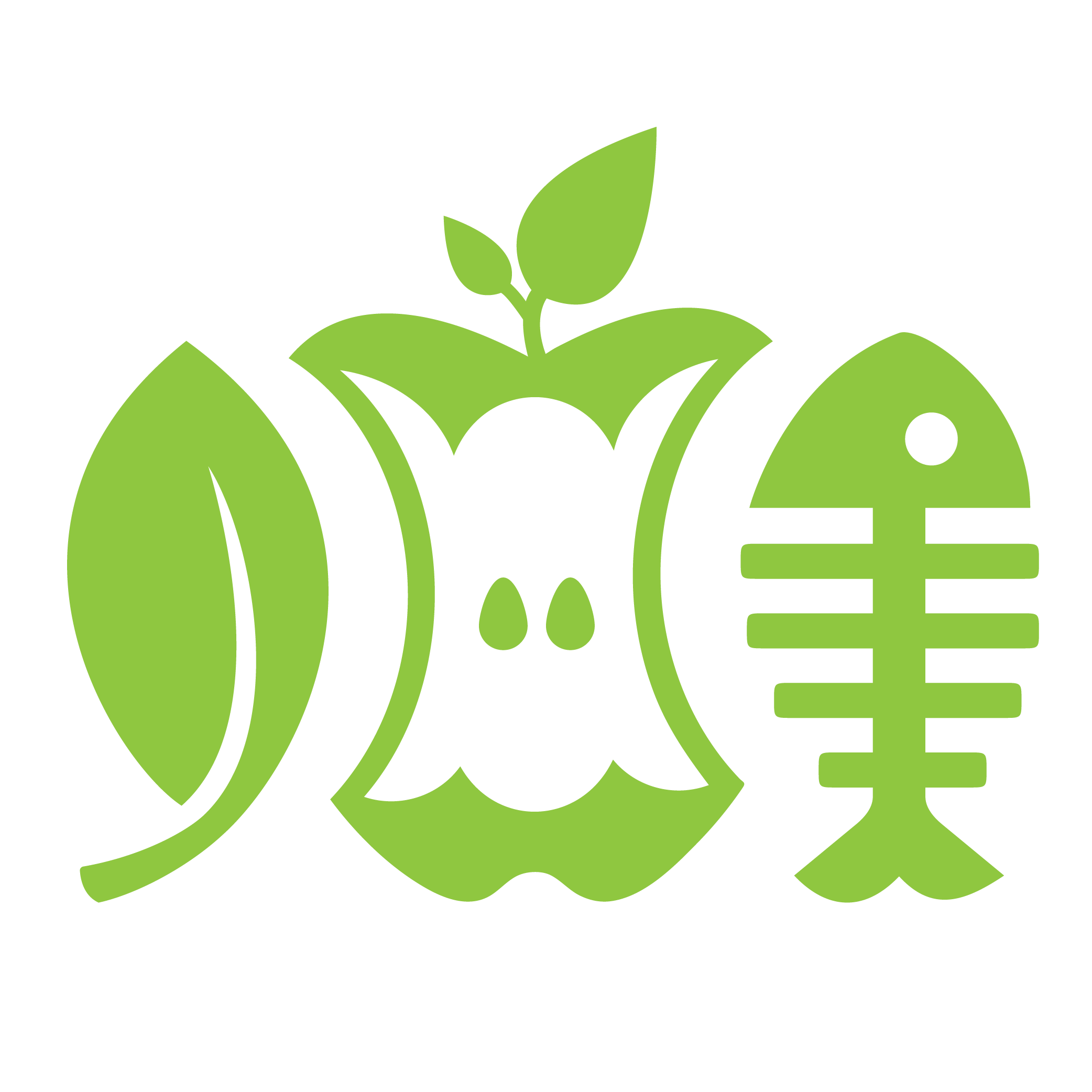graphic logo of leaf, apple core, fishbone
