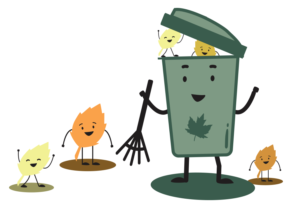 Leaf pile and smiling bin graphic with smiling leaves on the ground and jumping into bin