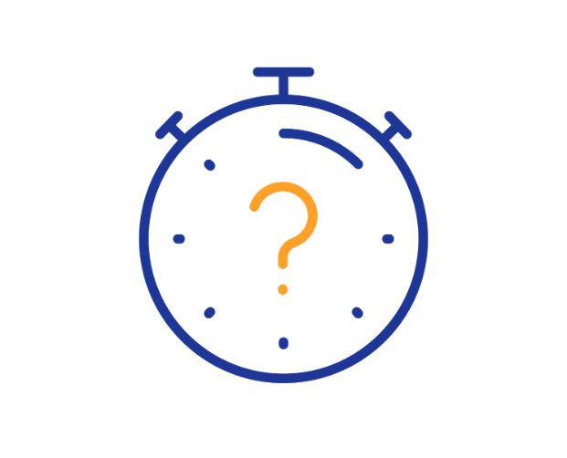 Blue outline of a stopwatch with a yellow question mark in the middle