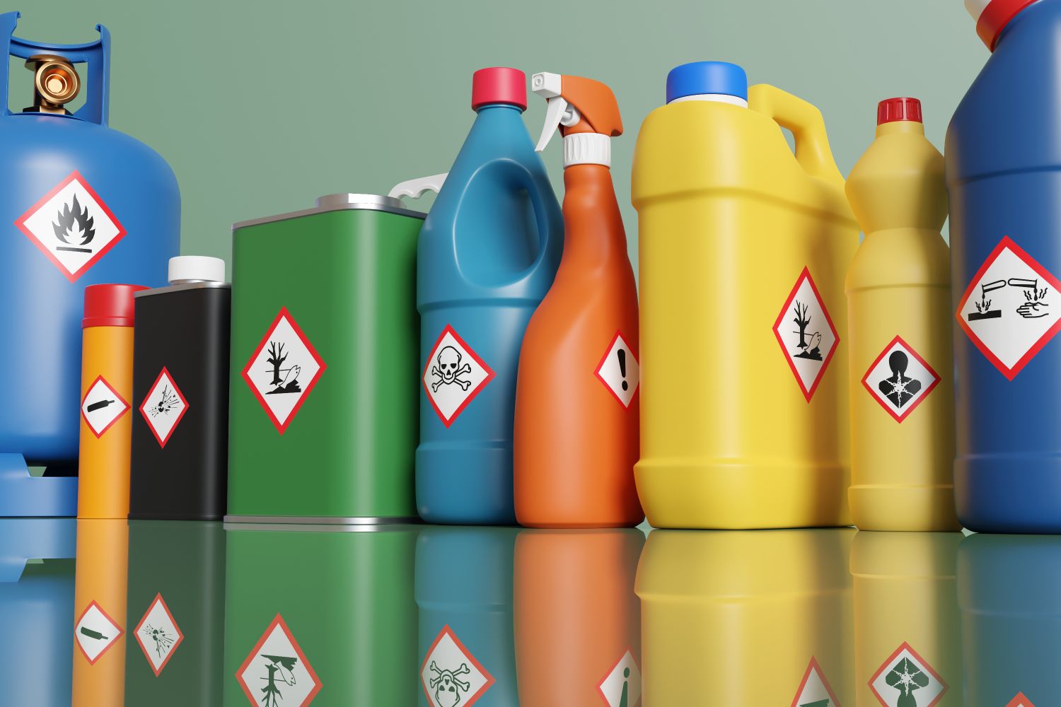 Bottles and metal containers with hazardous waste labels 