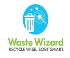 logo of our waste wizard with a magic wand over a trash can
