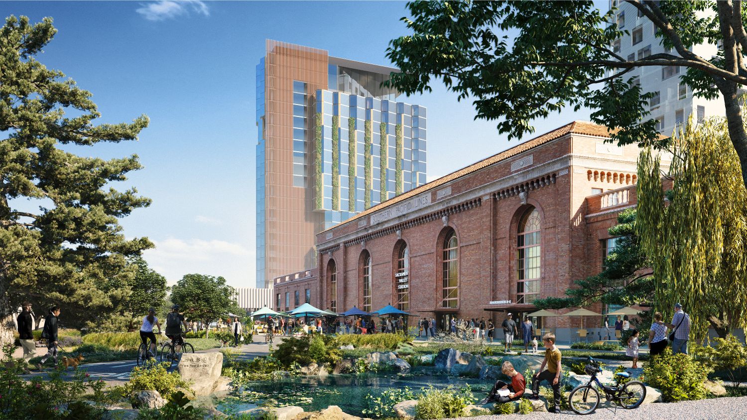 Rendering from the SVS Area Plan showing the front of the station in a future park setting and proposed hotel in the background