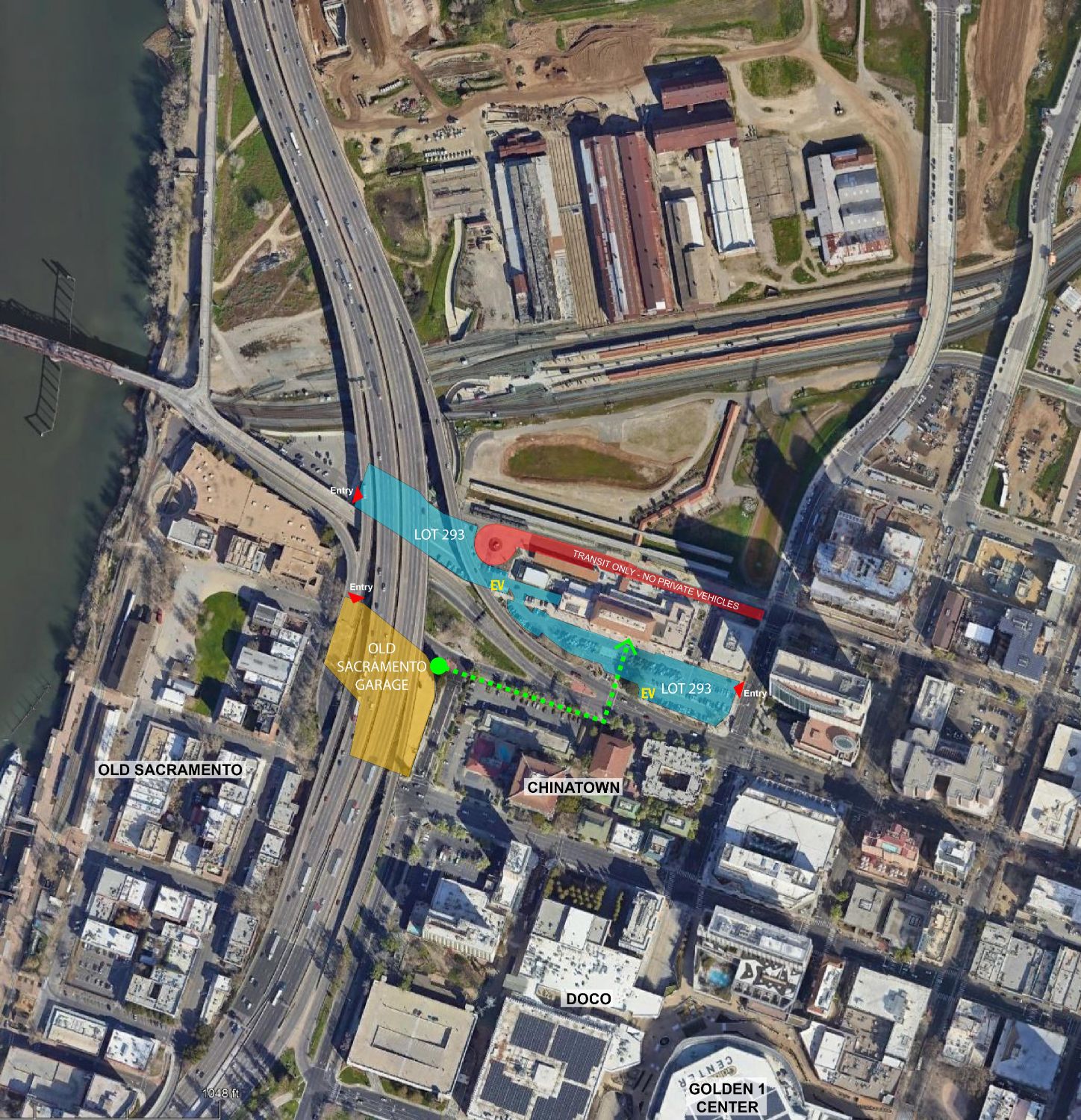 A map highlighting the Sacramento Valley Station parking areas