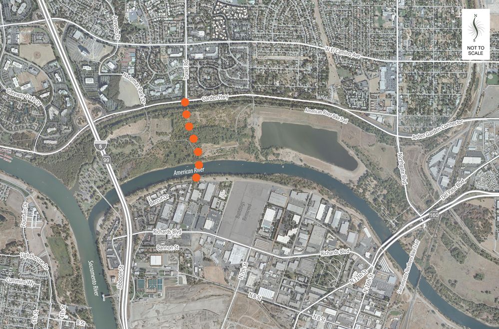 Truxel Bridge highlighted in a birds eye view map of the project area. 