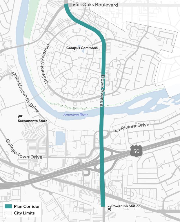 Map of project area which is Howe Avenue between Fair Oaks Blvd and the Power Inn light rail station just south of Folsom Blvd. 