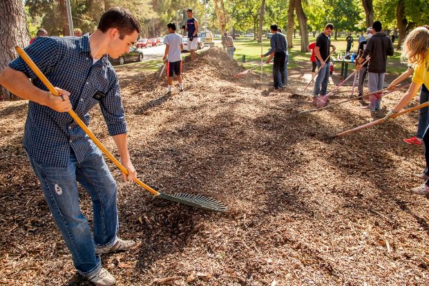 People shoveling a large pile of mulch