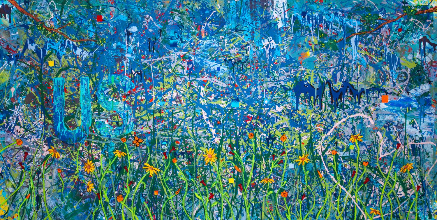 Make Your Mark final painting. Abstract painting with yellow flowers, green grass, tree branches, butterflies and blue skies. The word "Us" is emphasized on the left. 