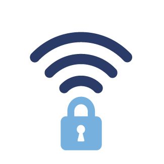 Icon of padlock emitting signal upward.
