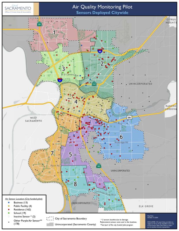 Map of the City of Sacramento showing the locations of the 200 sensors distributed citywide, with a focus on North and South Sacramento