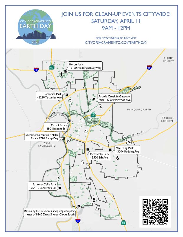 Map of Earth Day locations in the City, taking place at Heron Park, Gateway Park, Tanzanite Park, Matsui Park, Miller Park and the Marina, McClatchy Park, Mae Fong Park, Parkway Oaks Park, and a drainage basin by the Delta Shores shopping center