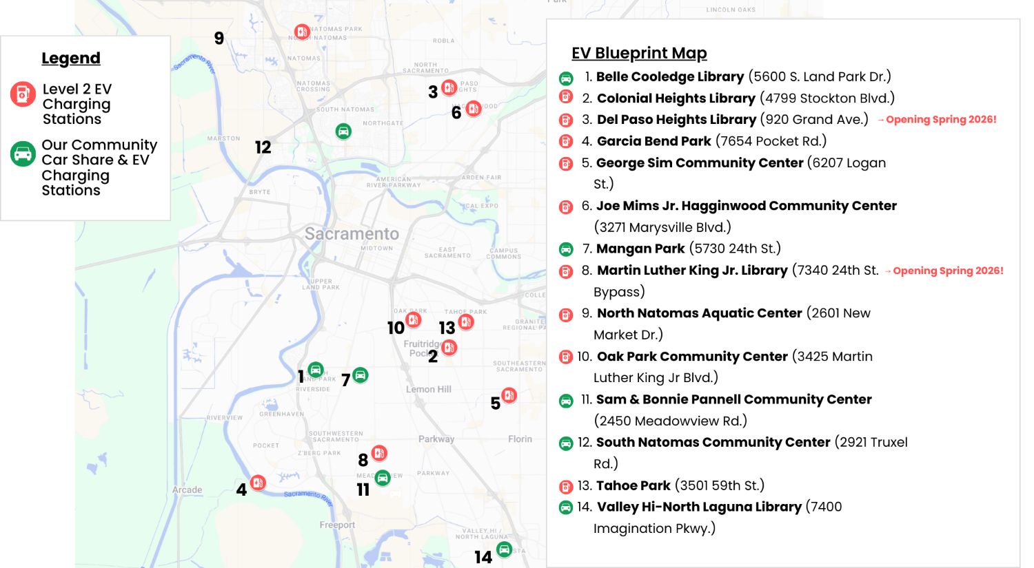 Map of locations of EV charging stations and carshare