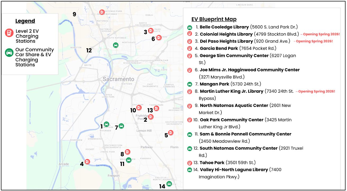 Map of locations of EV charging stations, carshare, and e-bike lending