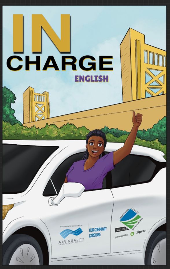 Cover of the "In Charge" comic book featuring an Our Community CarShare vehicle and driver in front of the Tower Bridge