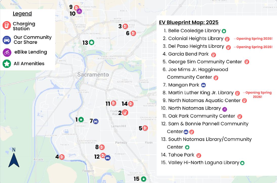 Map of locations of EV charging stations, carshare, and e-bike lending