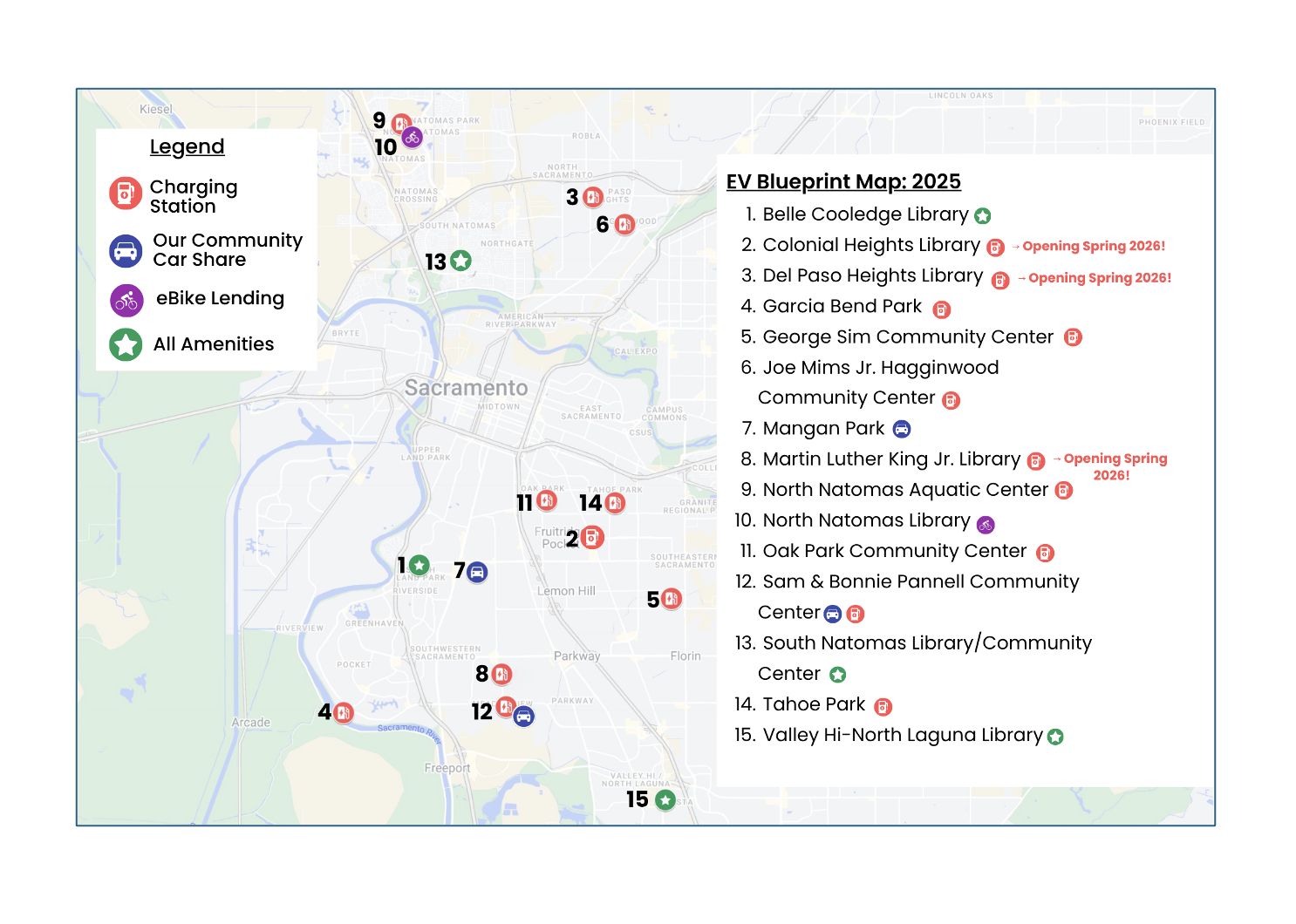Map of locations of EV charging stations, carshare, and e-bike lending