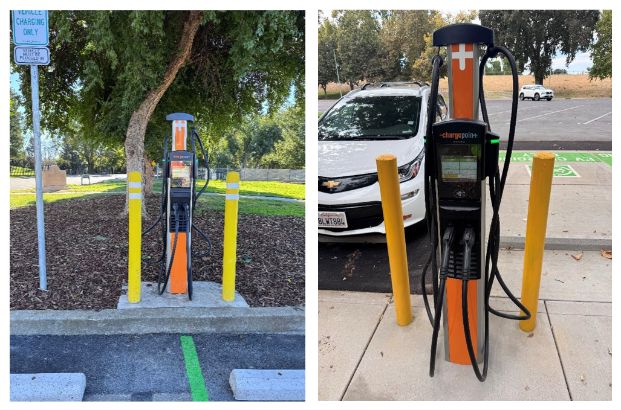 Side-by-side photos of new City-managed charging stations.