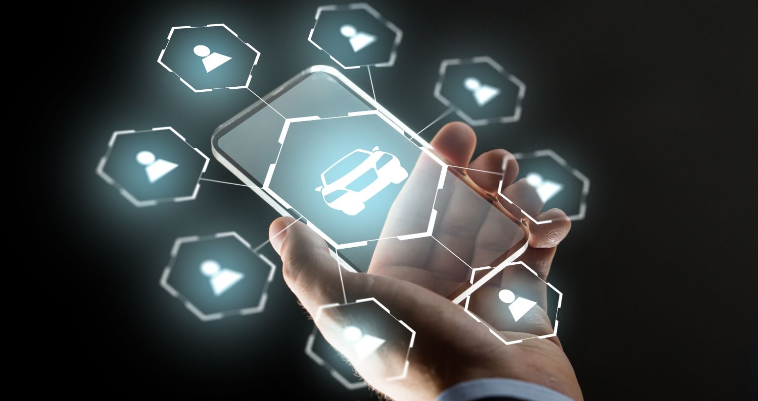 Hand with smart phone and car sharing icons