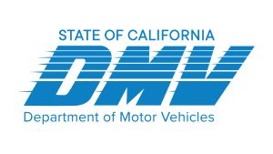Capital letters D, M, and V in blue colors with the words State of California above them and Department of Motor Vehicles beneath