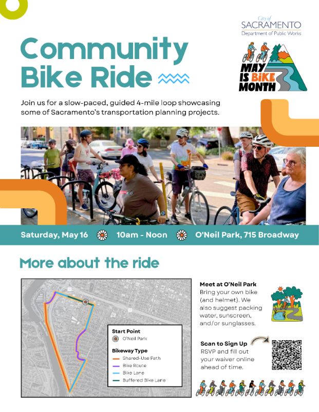Flier for a Community Bike Ride on Saturday, May 16. The Flier provides details about the bike ride and features a map showing the bike route, in addition to a photo of a previous bike ride.