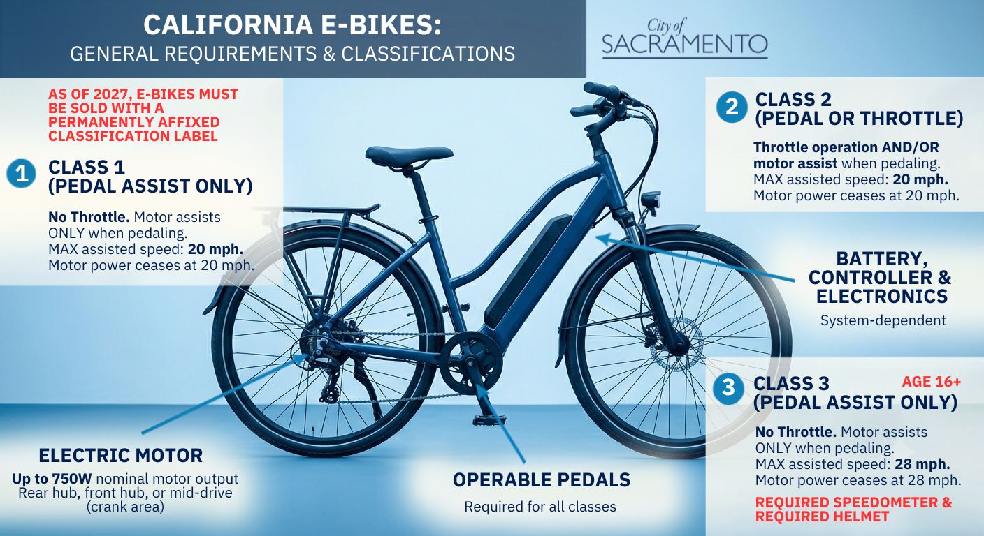 Image of an e-bike with labels and text depicting the features described in the paragraph below.
