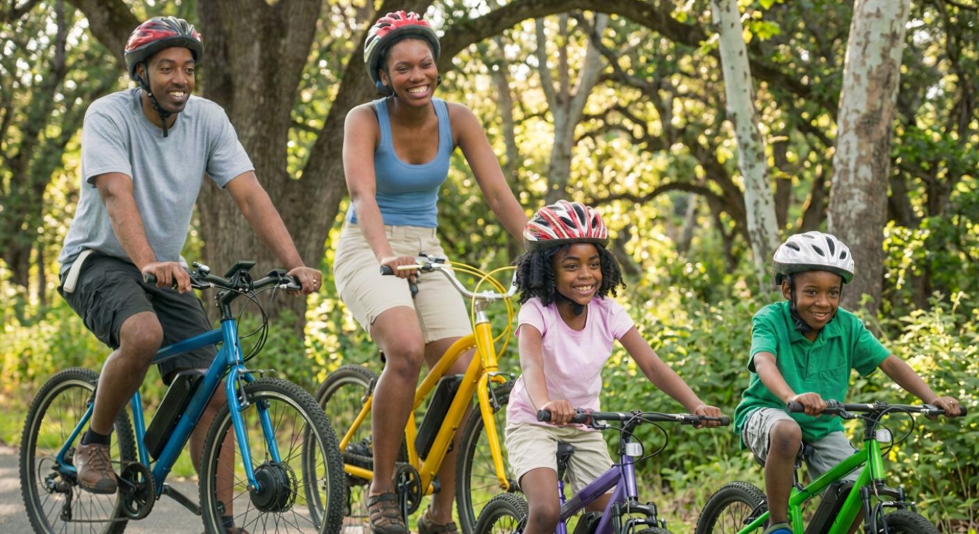 Image of a child on a red bike accompanied by a parent on an e-bike towing a trailer and a parent riding behind on a bicycle.