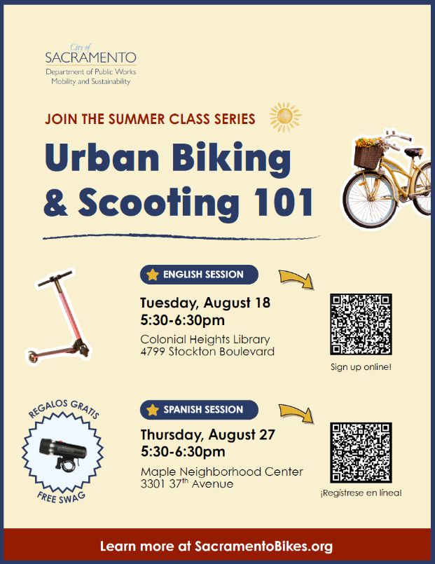 Flyer advertising two August in-person Urban Biking & Scooting 101 classes