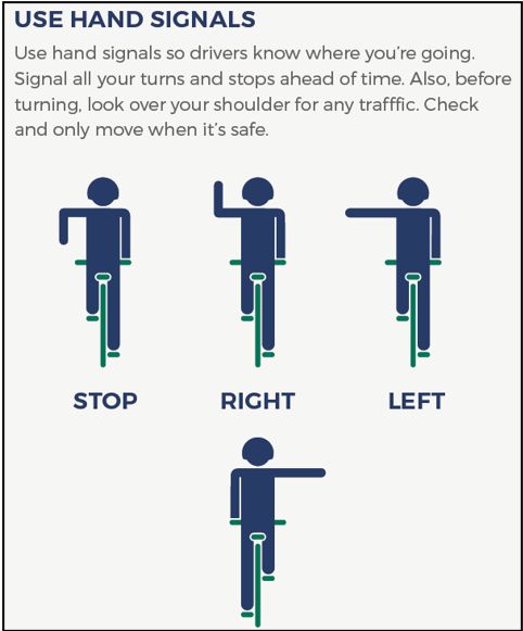 Infographic showing different hand signals bicyclists should use when planning to turn left, turn right, or stop.