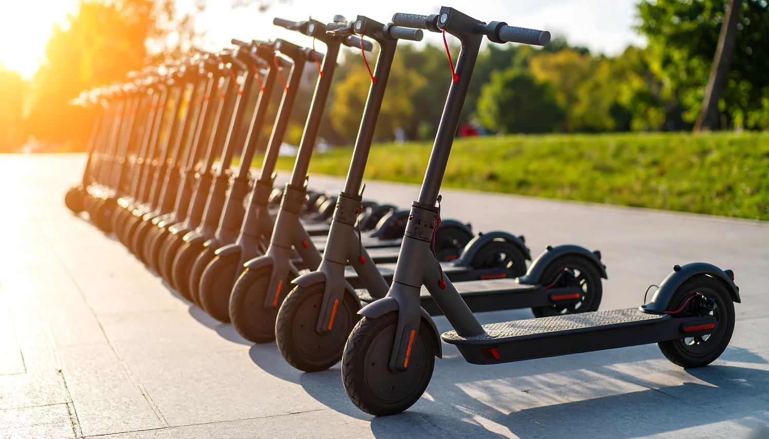 Electric scooters lined up along curb outside the grassy perimeter of a park