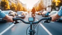 View of bicylist riding in the bicycle lane on the street viewing the sunrise
