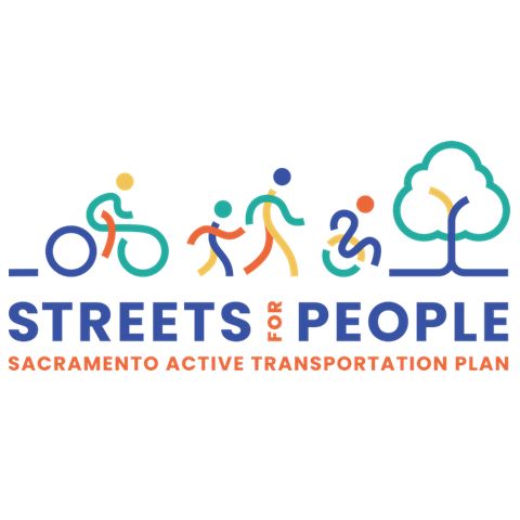 Logo for the "Streets for People" Plan depicting a person bicycling, two people walking, a person in a wheelchair, and a tree.